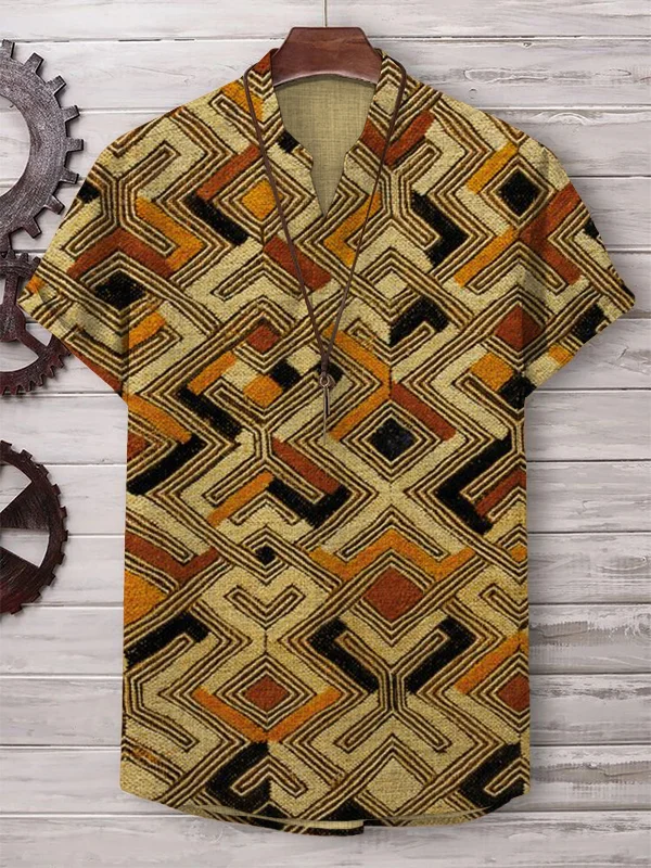 Men's Retro Traditional African Patterns Cotton And Linen V Neck T-Shirt