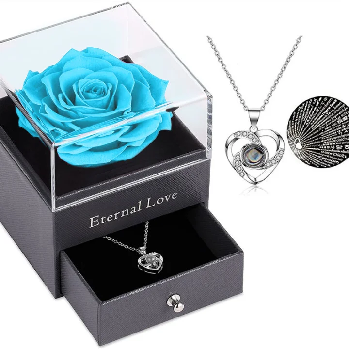 Vangogifts Eternal Preserved Real Rose with ‘I Love You in 100 Languages‘ Necklace Set | Best Gift for MOM,Wife,Girlfriend