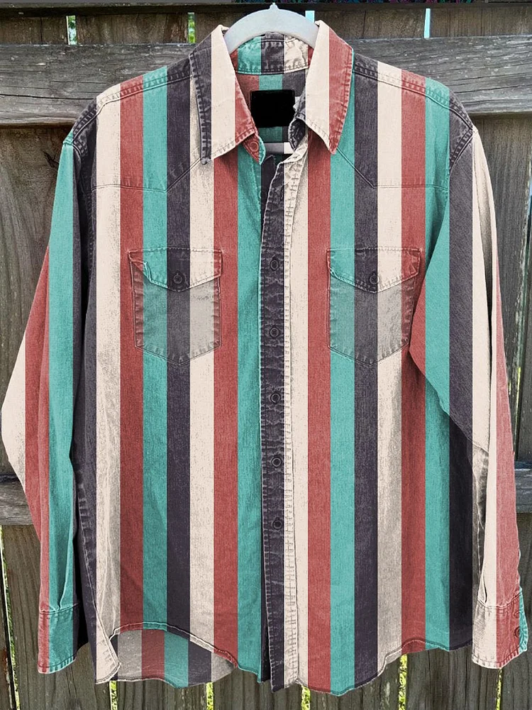 Western Striped Totem Patterned Shirt Vintage Stripe Print Casual Shirt