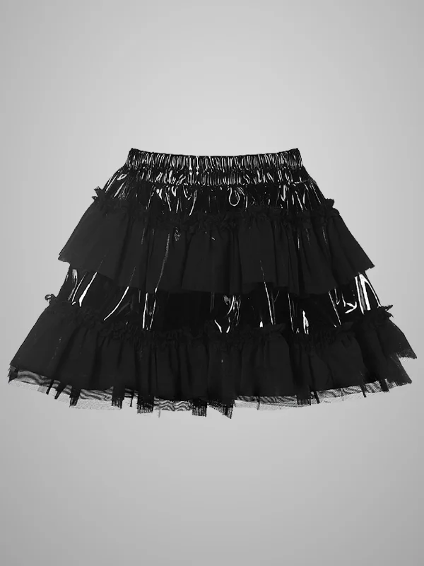 Dark Black Mesh Paneled Lustrous High Rise Mini Skirt