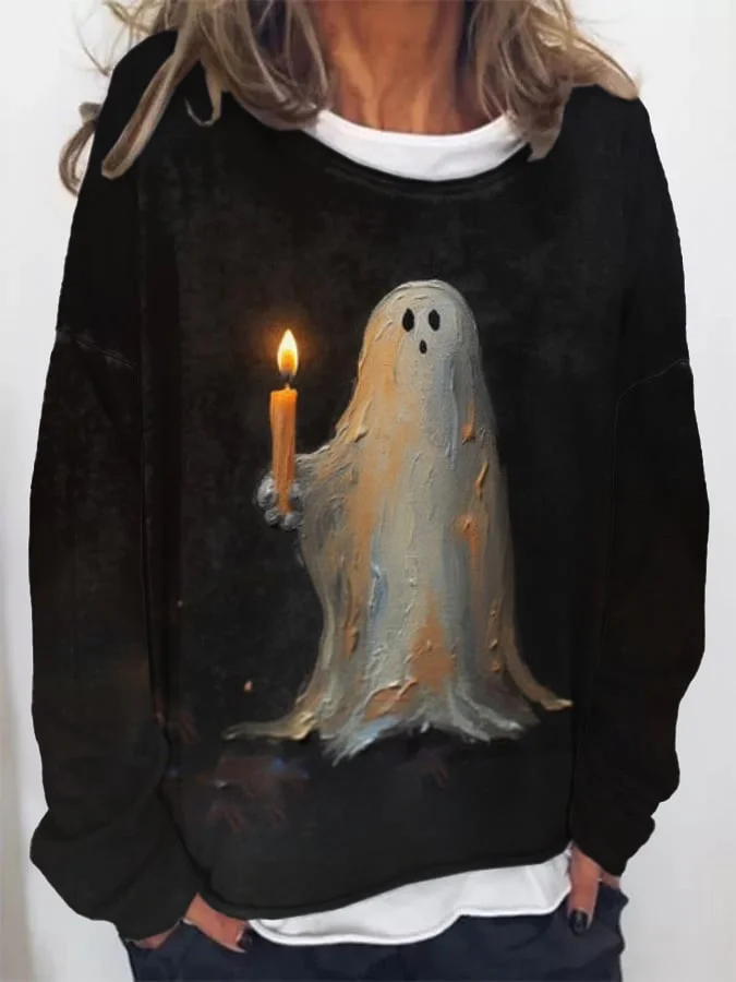 Plus Size Ghost Painting Candle Print Round Neck Sweatshirt VangoghDress