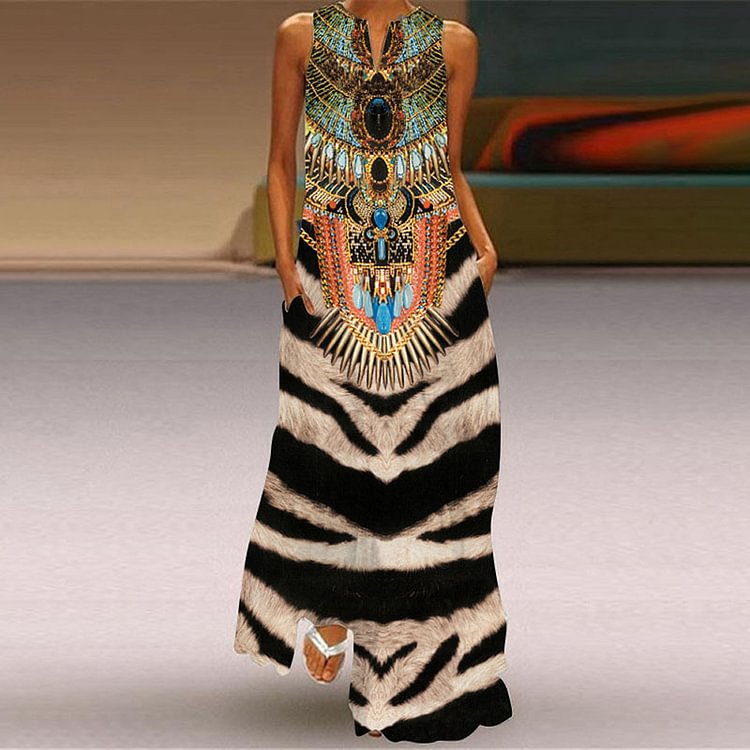 African Tribal Tiger Print Pocket Maxi Dress