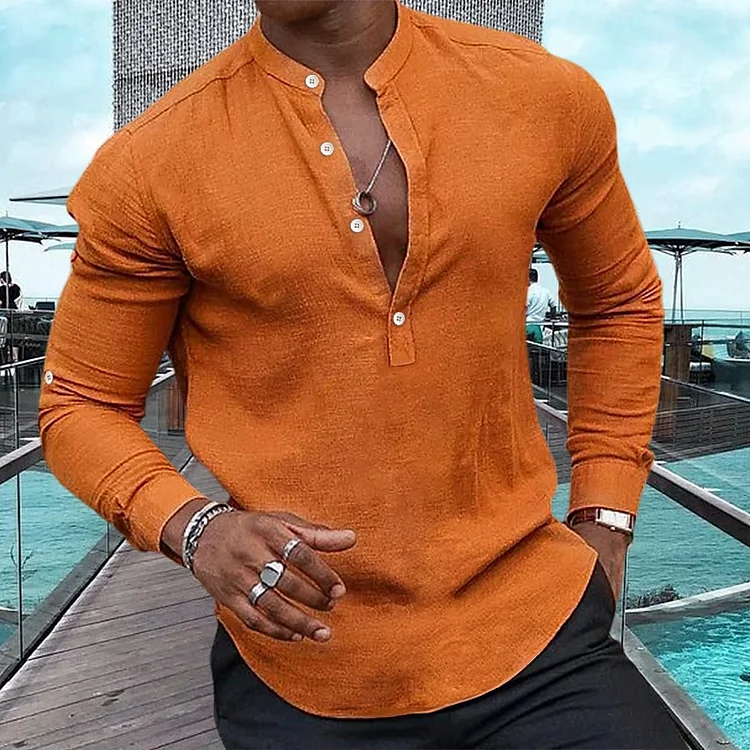 Men's Daily Crew Neck Buttons Long Sleeve Linen Shirts