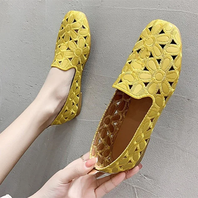 Women's Summer Square Toe Hollow Flower Slip-on Casual Breathable Flat Sandals