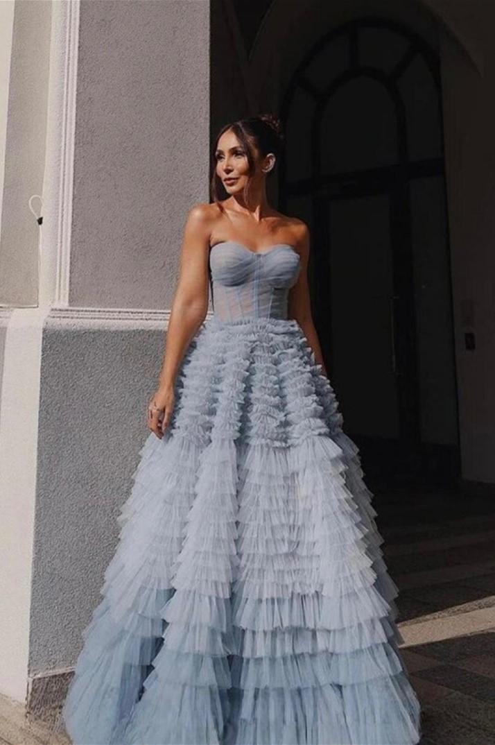 Lussooy Lavender Tulle Sleeveless Sweetheart Strapless A Line Prom Dress with Ruffles