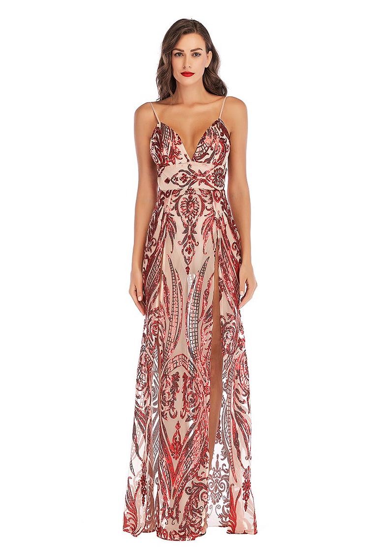 Red Sexy V Neck Sequined Thigh-high Slit Backless Prom Dress - BlackFridayBuys