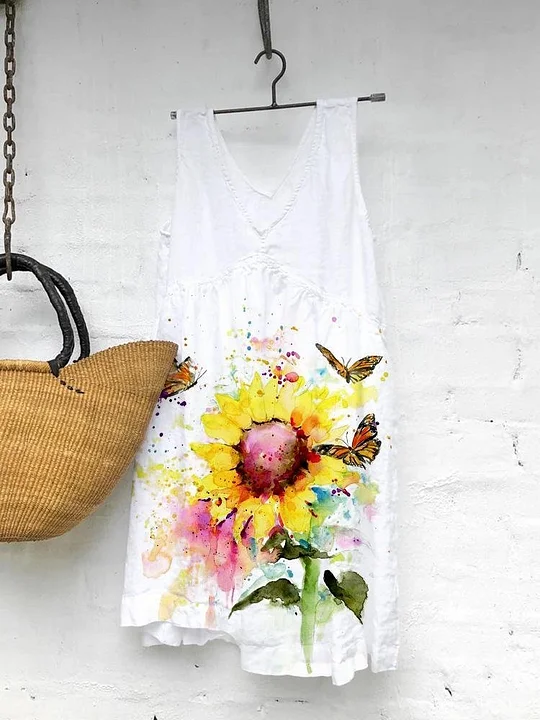 Floral Print V Neck Sleeveless Dress