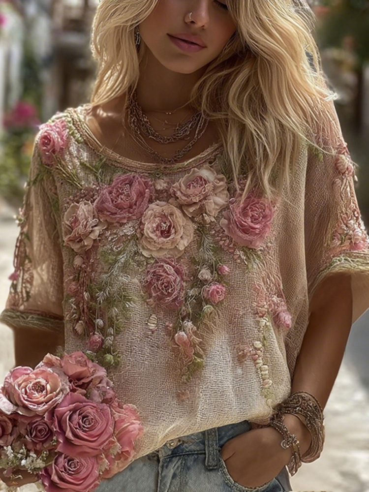 Women Summer Artsy Embroidery Cotton T-Shirt