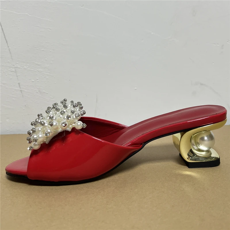 TAAFO Crystal Beads Flower Decor Sandals Women Patent Leather Slingbacks Pearl Fretwork Heel Mules