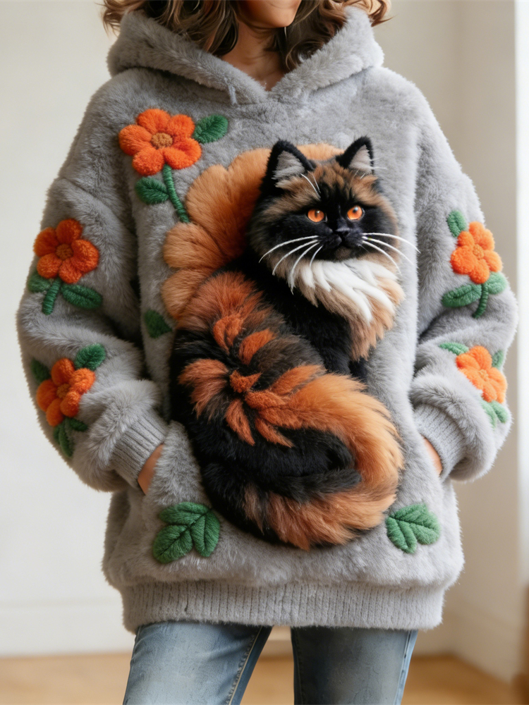 Shaggy Cat & Floral Art Women's Soft Plush Hooded Sweater