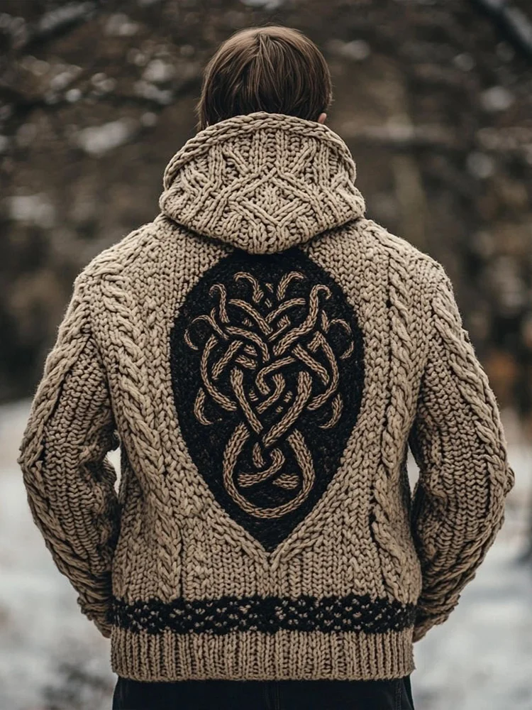 Men's Vintage Viking Style Jacquard Knit Hooded Cardigan