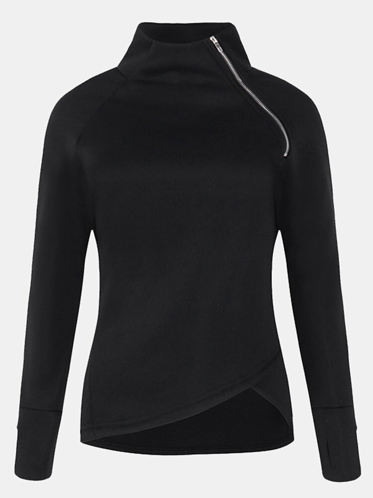 Turtleneck Solid Color Irregular Hem Long Sleeve Blouse P1632569
