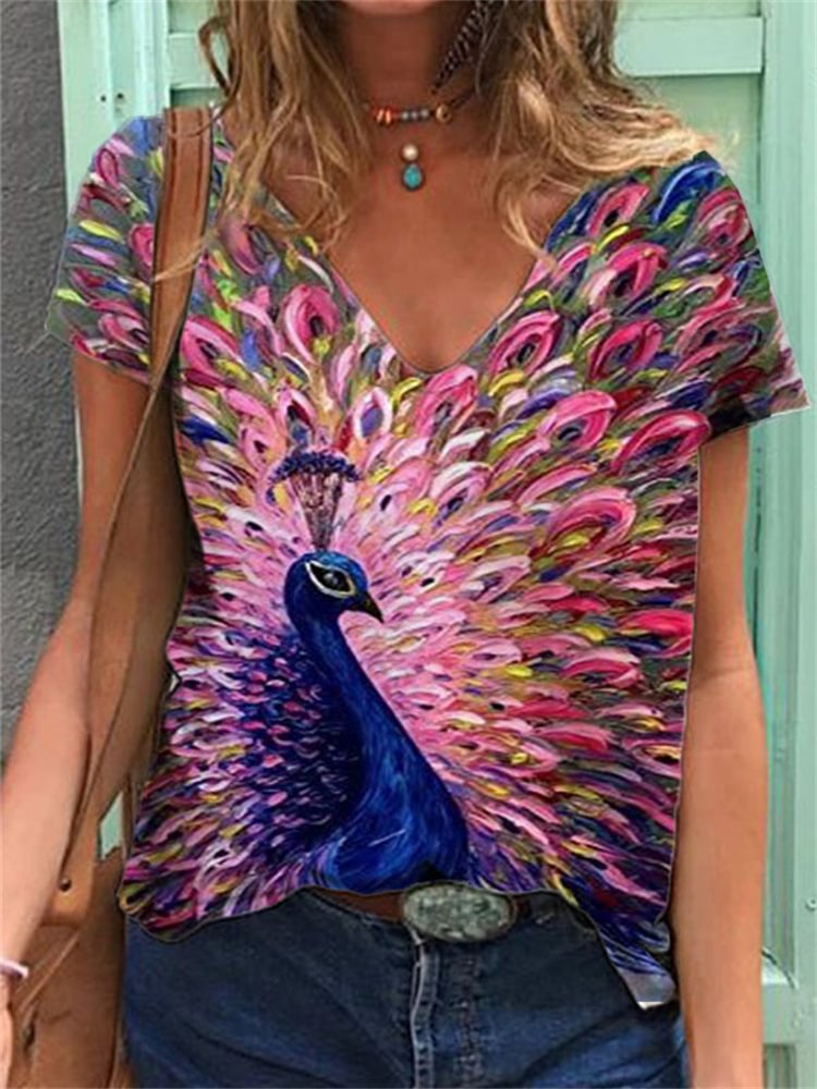 V Neck Comfy Peacock Print T Shirt