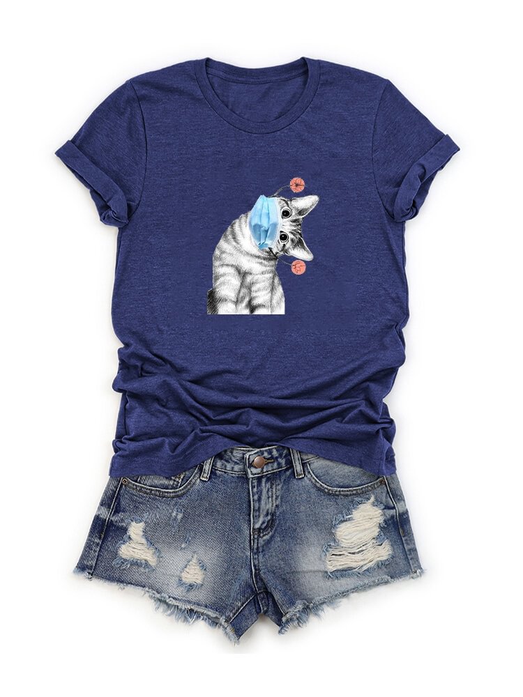 Cat Printed Cartoon Short Sleeve T shirt P1670147