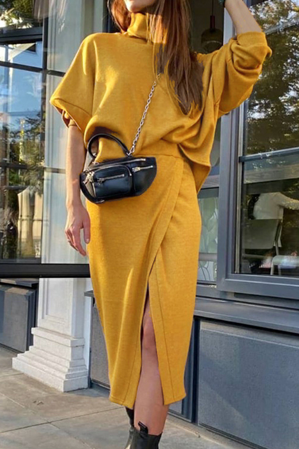 Street Solid Slit Turtleneck Long Sleeve Two Pieces - Life is Beautiful for You - SheChoic