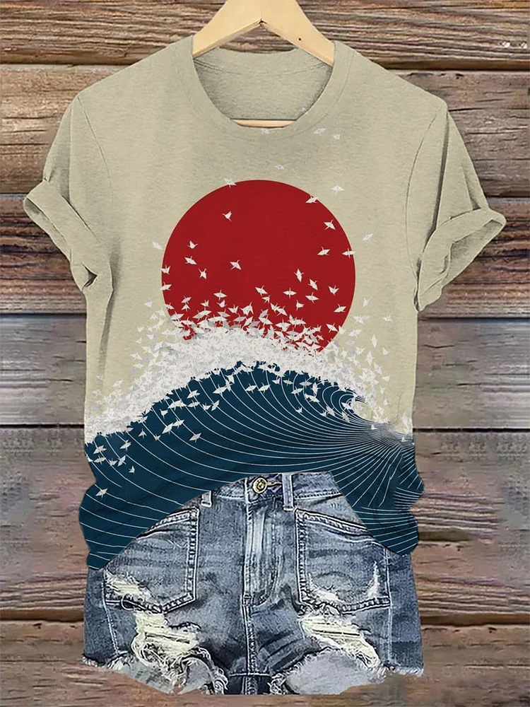 Women's Sun Over the Ocean Japanese Art Print Crew Neck Top socialshop
