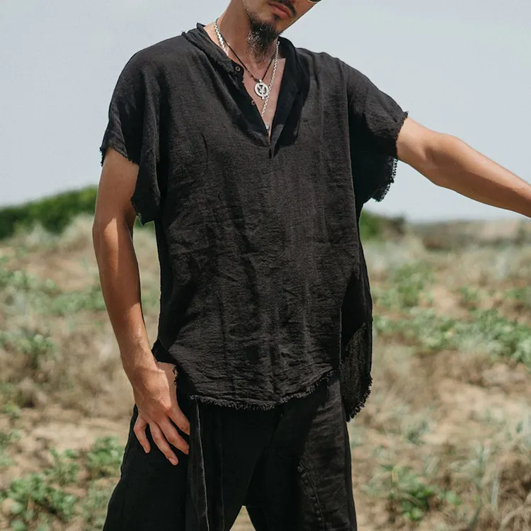 Casual Loose Holiday Linen Short Sleeve V Neck Shirt Simple Solid Color Comfortable V Neck Drop Shoulder Sleeve Pullover