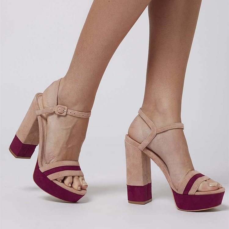 Burgundy and Khaki Open Toe Slingback Sandals Suede Block Heel Sandals |FSJ Shoes