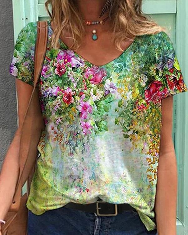 Colorful Flower Painting V Neck Short Sleeve Shirts & Tops - Chicaggo