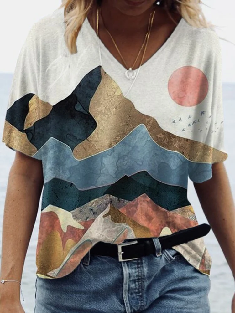 Mountains Landscape Art V Neck T Shirt