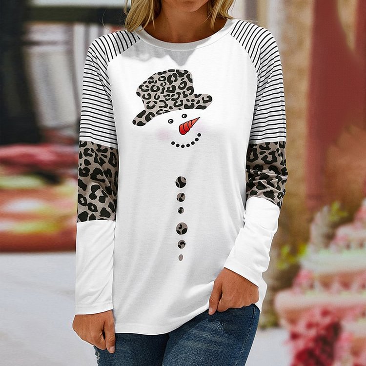 Comstylish Ladies Leopard Snowman Print Crew Neck T-Shirt