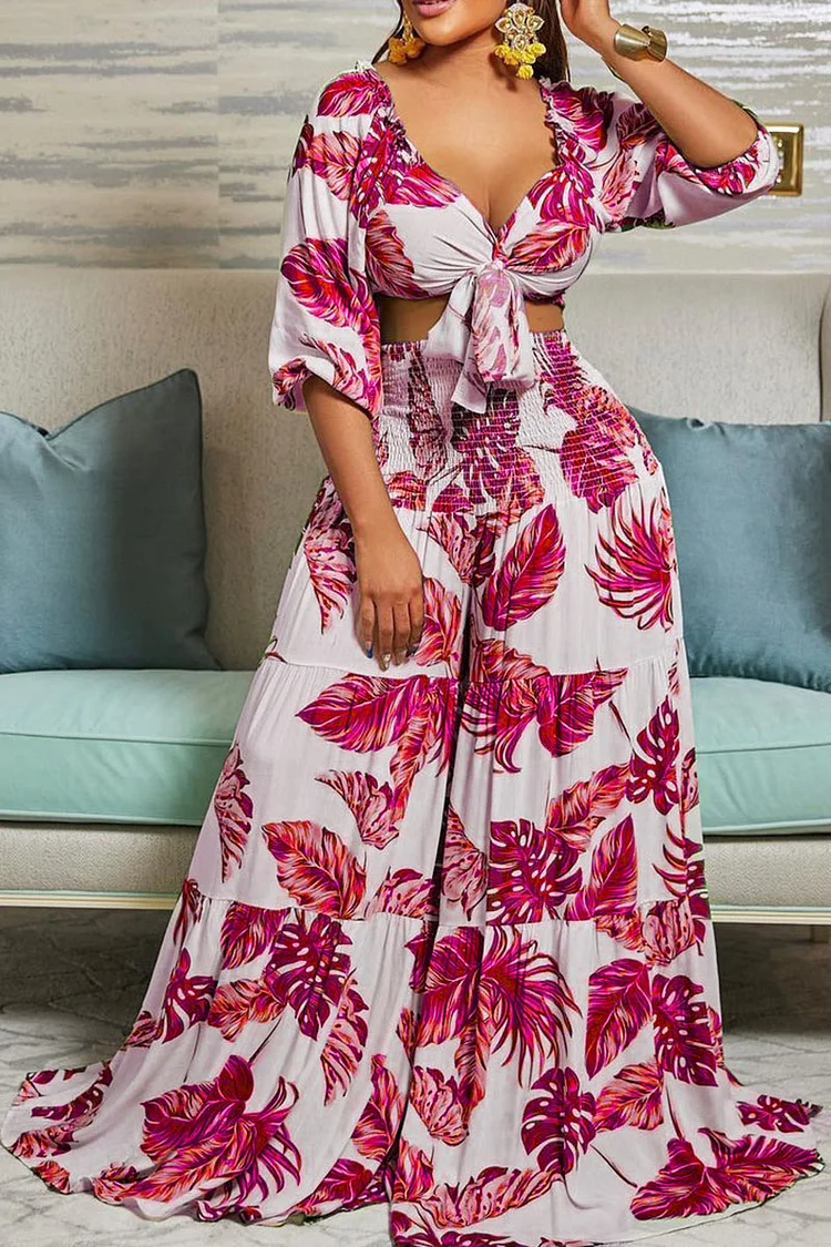 Tropical Print 3/4 Puff Sleeve Tie Up Crop Top Wide Leg Vacation Pants Matching Set