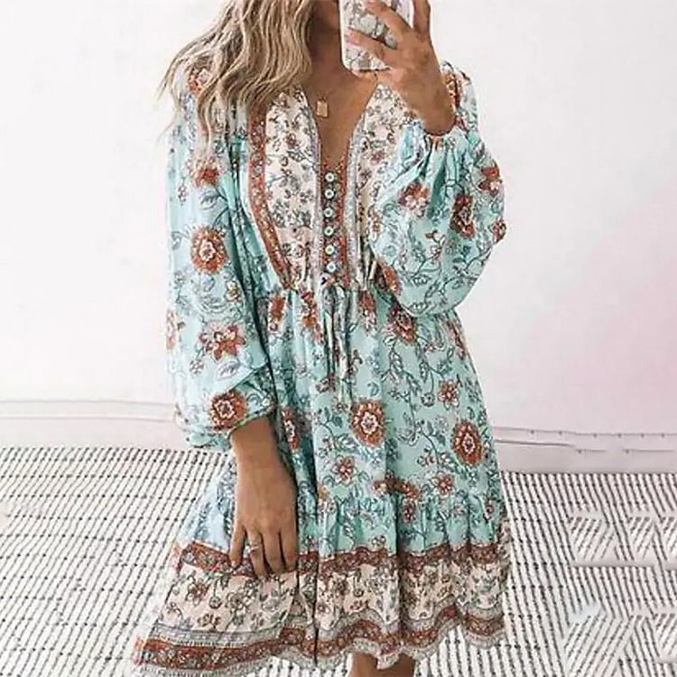 VChics Boho Tribal Floral Printed Button Down V Neck Mini Dress