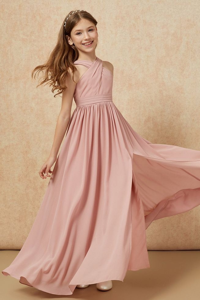 Daisda Elegant A Line Sleeveless Halter Straps Slit Junior Bridesmaid Dress