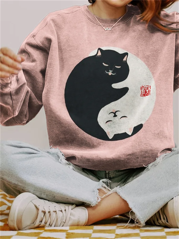 Comstylish Black & White Cats Art Vintage Washed Sweatshirt