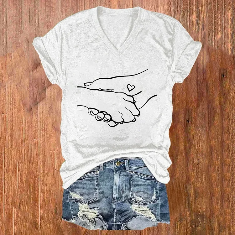 Casual V Neck Sketch Hand in Hand Pattern T-shirts