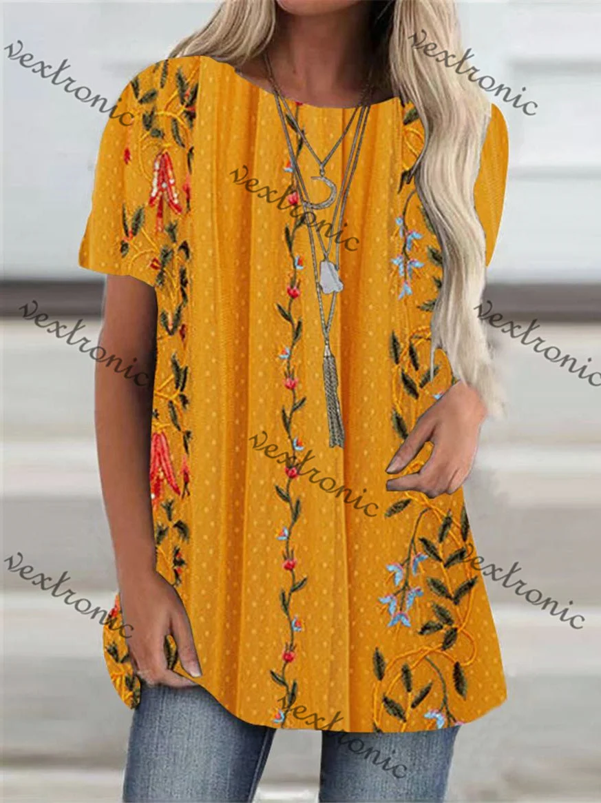 Women's Short Sleeve Scoop Neck Orange Floral Printed Top