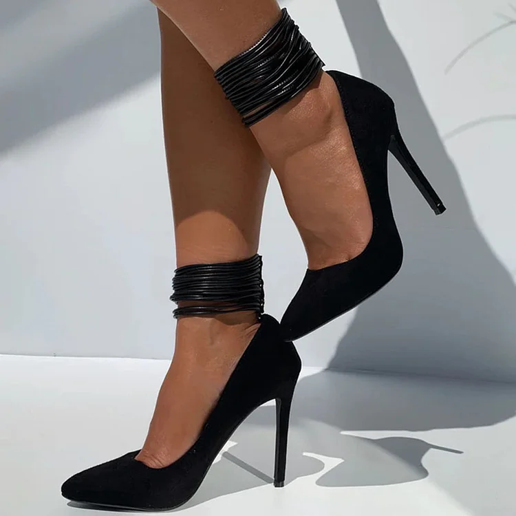 Classic Black Vegan Suede Stiletto Heels Women's Ankle Wrap Pumps |FSJ Shoes