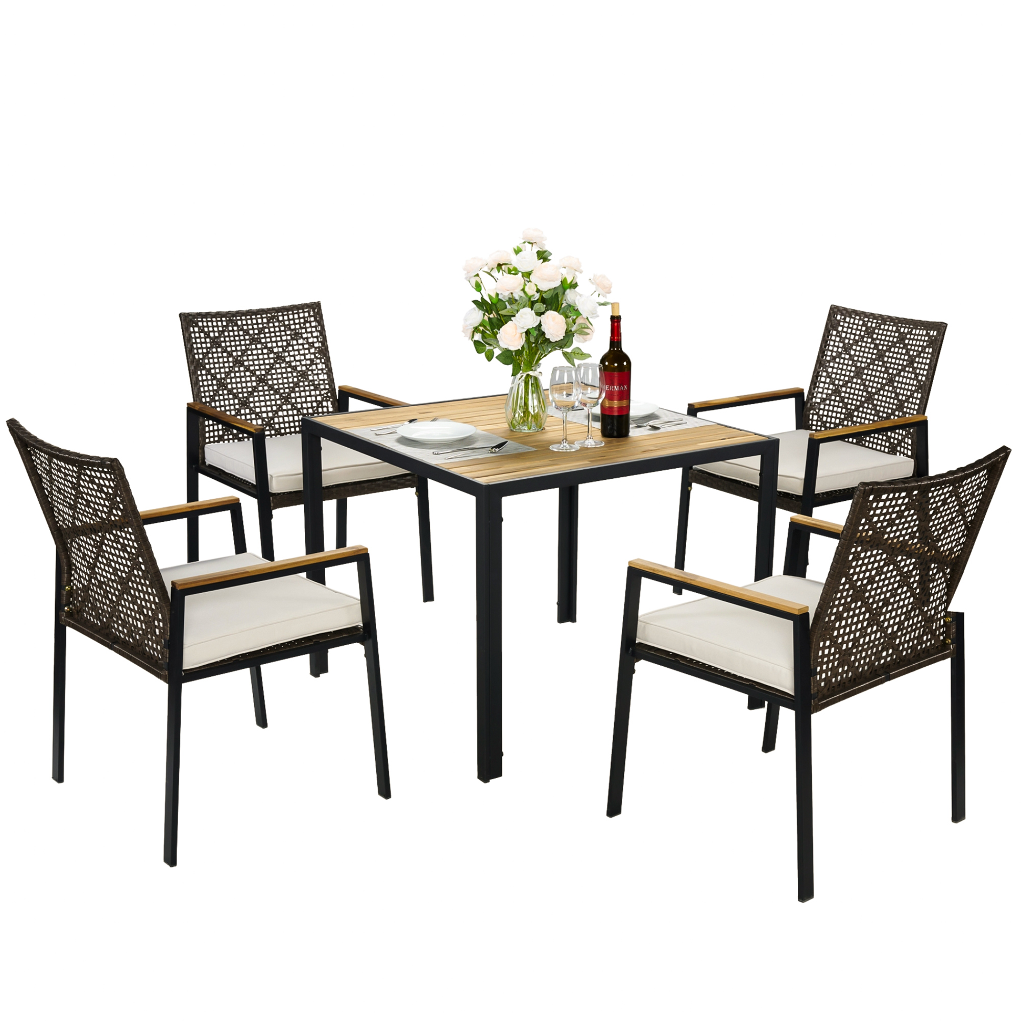GRANDJOY All-Weather 5-Piece Patio Dining Set, Acacia Wood & Rattan Outdoor Conversation Furniture with Umbrella Hole, Coffee Brown