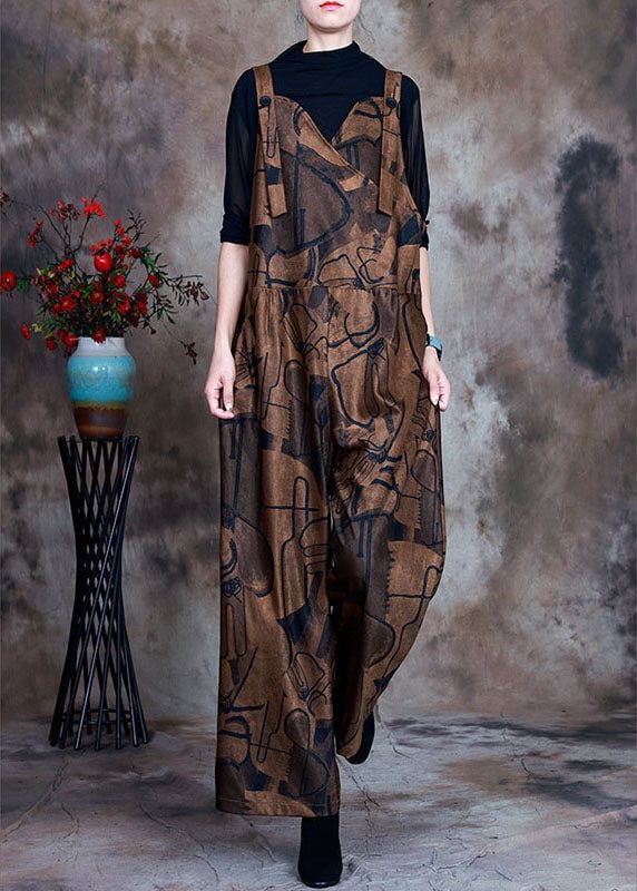 Women Coffee Button Patchwork Fall retro jumpsuit pants
