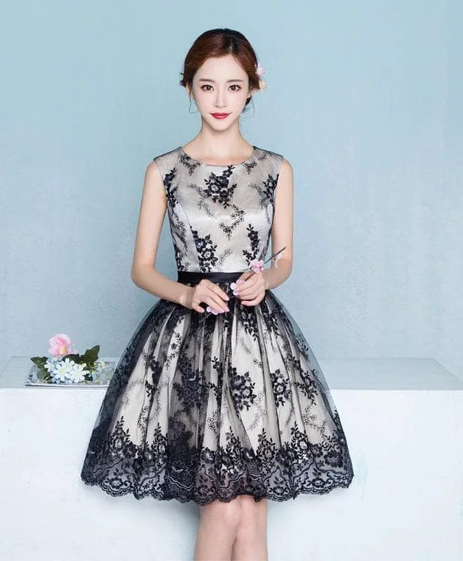 Black Lace Tulle A Line Short Prom Dress, Homecoming Dress