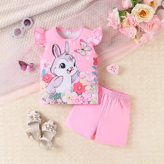 【3Y-7Y】Girls' Adorable Easter Bunny & Floral Ruffle Outfit Set