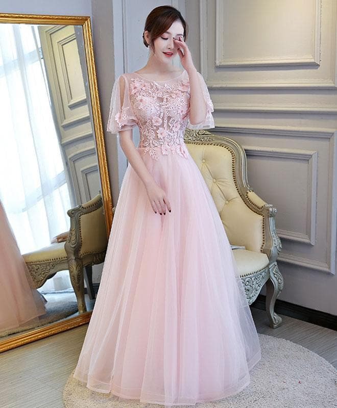 Pink A Line Tulle Lace Long Prom Dress, Pink Evening Dress