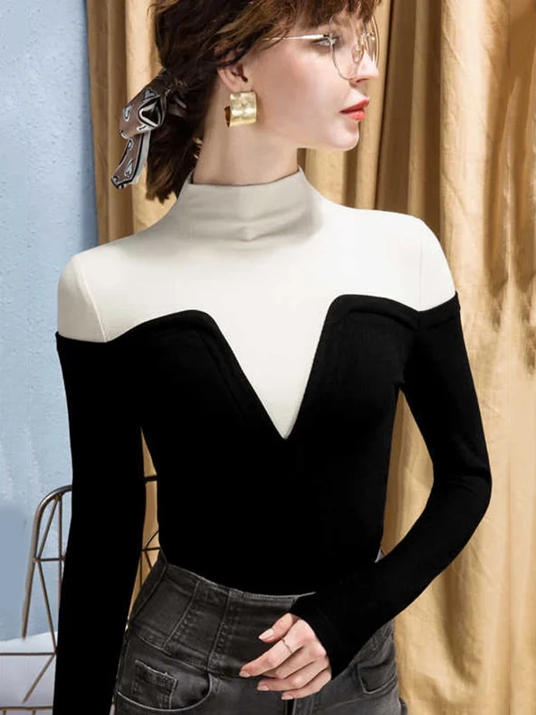 Vintage Contrast Color High-Neck Long Sleeves Pullover
