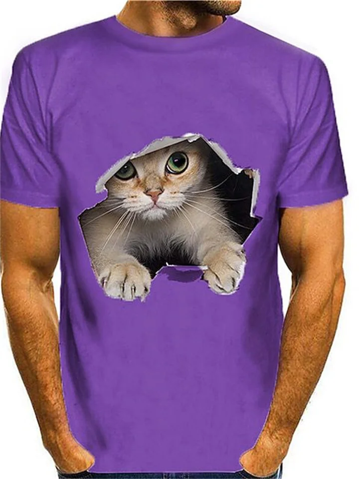 Summer Daily Casual Round Neck Short Sleeve 3D Cat Print Men's T-shirt White Purple Yellow Color Red Green-JRSEE