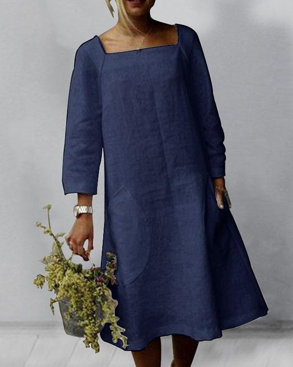 Solid 3/4 Sleeve Square Neck Linen Midi Dresses - Chicaggo