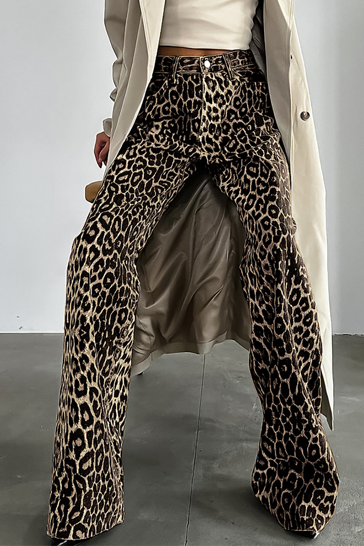 Leopard Print Straight Leg Low-Rise Pants-Brown