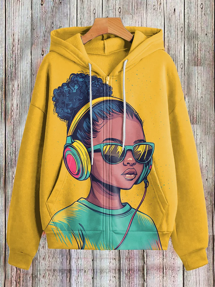 Women's Little Black Girl With Sunglasses And Headphones Print Hooded Zip Up Jacket