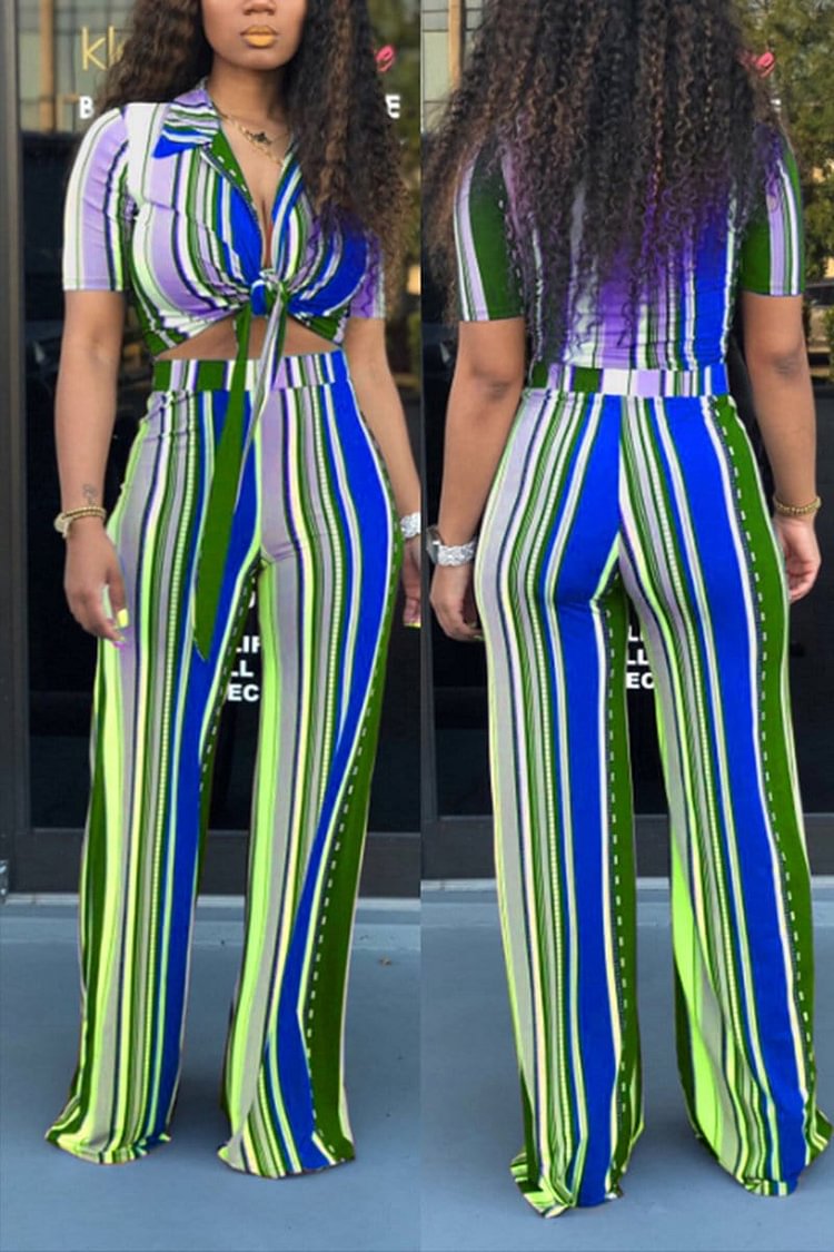 Casual Print Stripe Strap Pants Set - Life is Beautiful for You - SheChoic