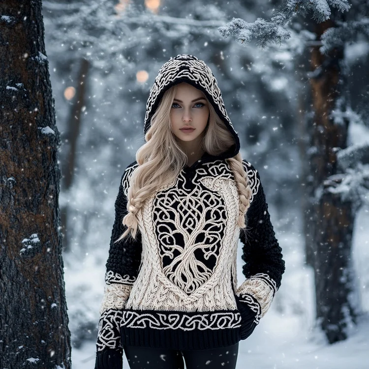Women's Viking Tree Of Life Jacquard Cozy Knit Hooded Sweater