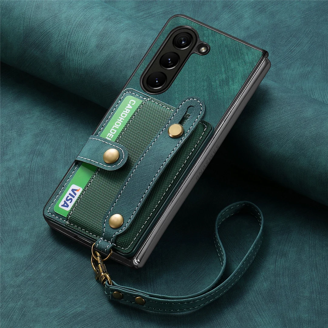 Luxury Retro Leather Phone Case With Cards Slot,Kickstand,Wristband And Lanyard For Galaxy Z Fold5