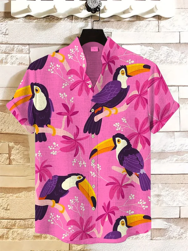Men's Tropical Toucans Pattern Art Print Linen Blend Shirt
