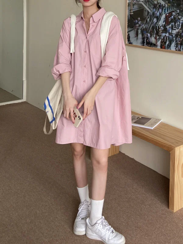 Long Sleeves Roomy Pure Color Lapel Mini Dresses Shirt Dress