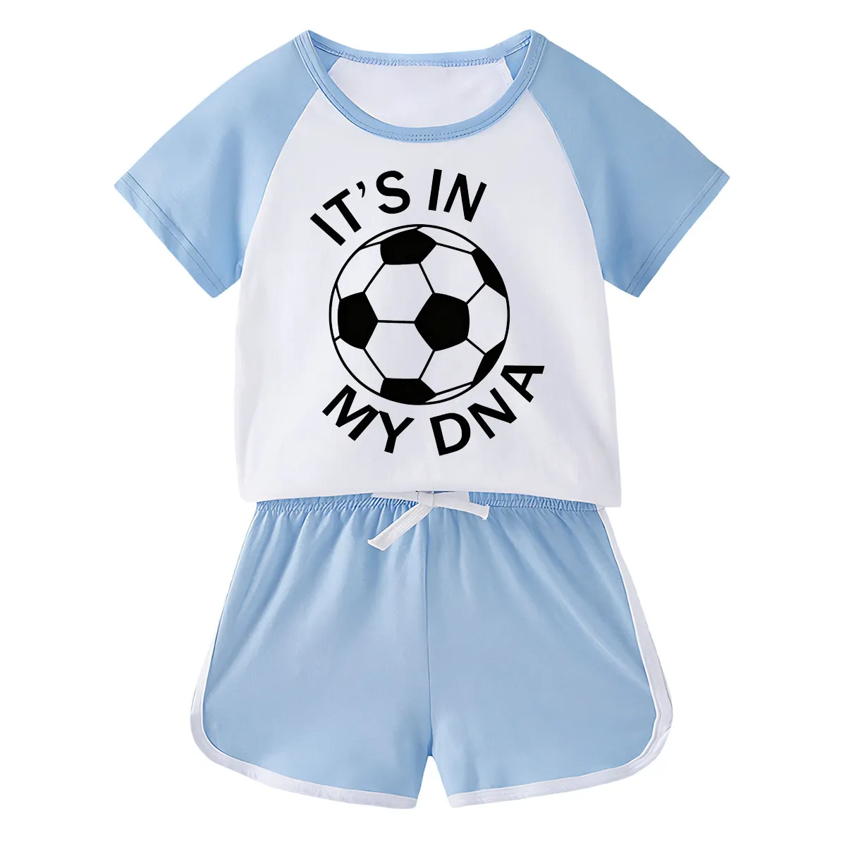 【18M-11Y】Toddler Soccer 'It's In My DNA' 2-Piece Outfit - Sporty Graphic Raglan Top & Shorts Set For Kids