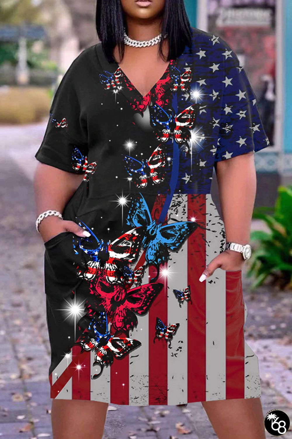 Casual Print Patchwork V Neck Short Sleeve Short Sleeve Dress | 168DEAL