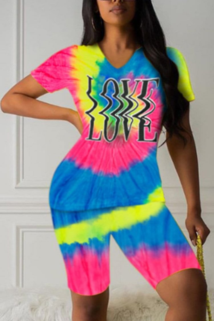 Fashion V-Neck Tie-Dyed Positioning Print Two-Pieces - BlackFridayBuys